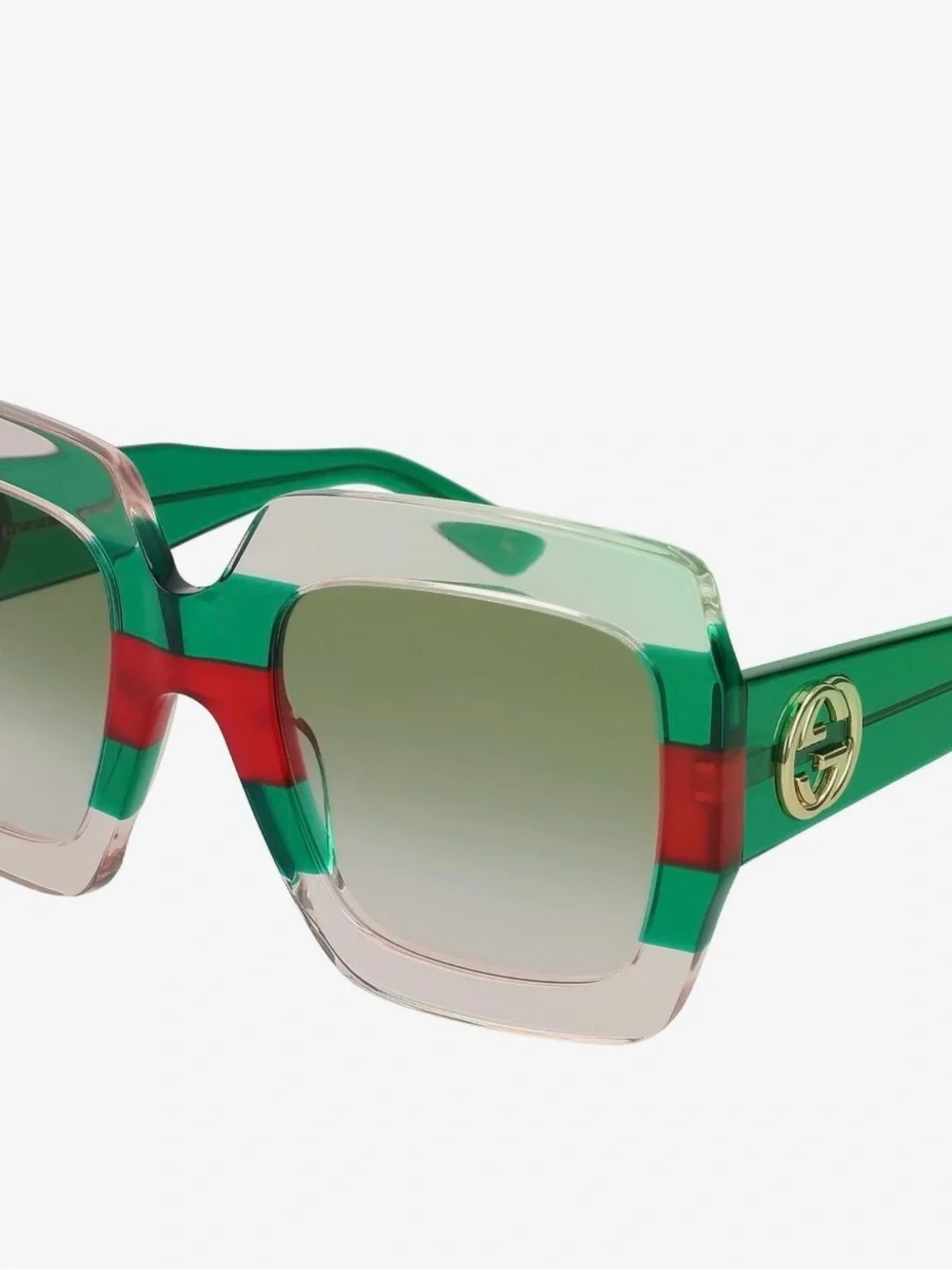 Gucci Green Red Transparent Square Sunglasses with Gold Emblem comes with case